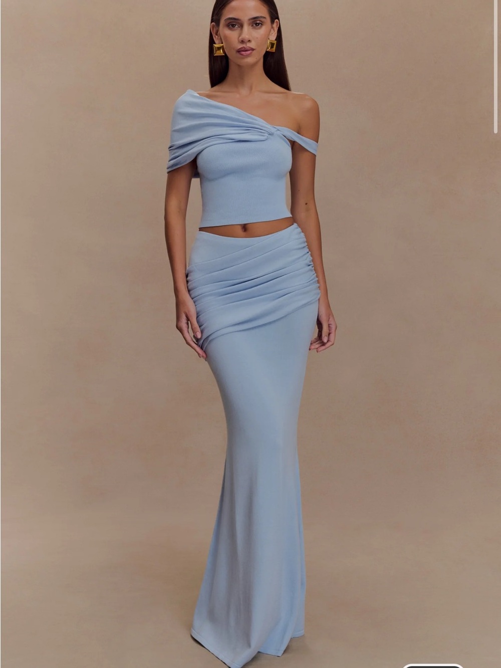Light Blue One-Shoulder Ruched Maxi Skirt set